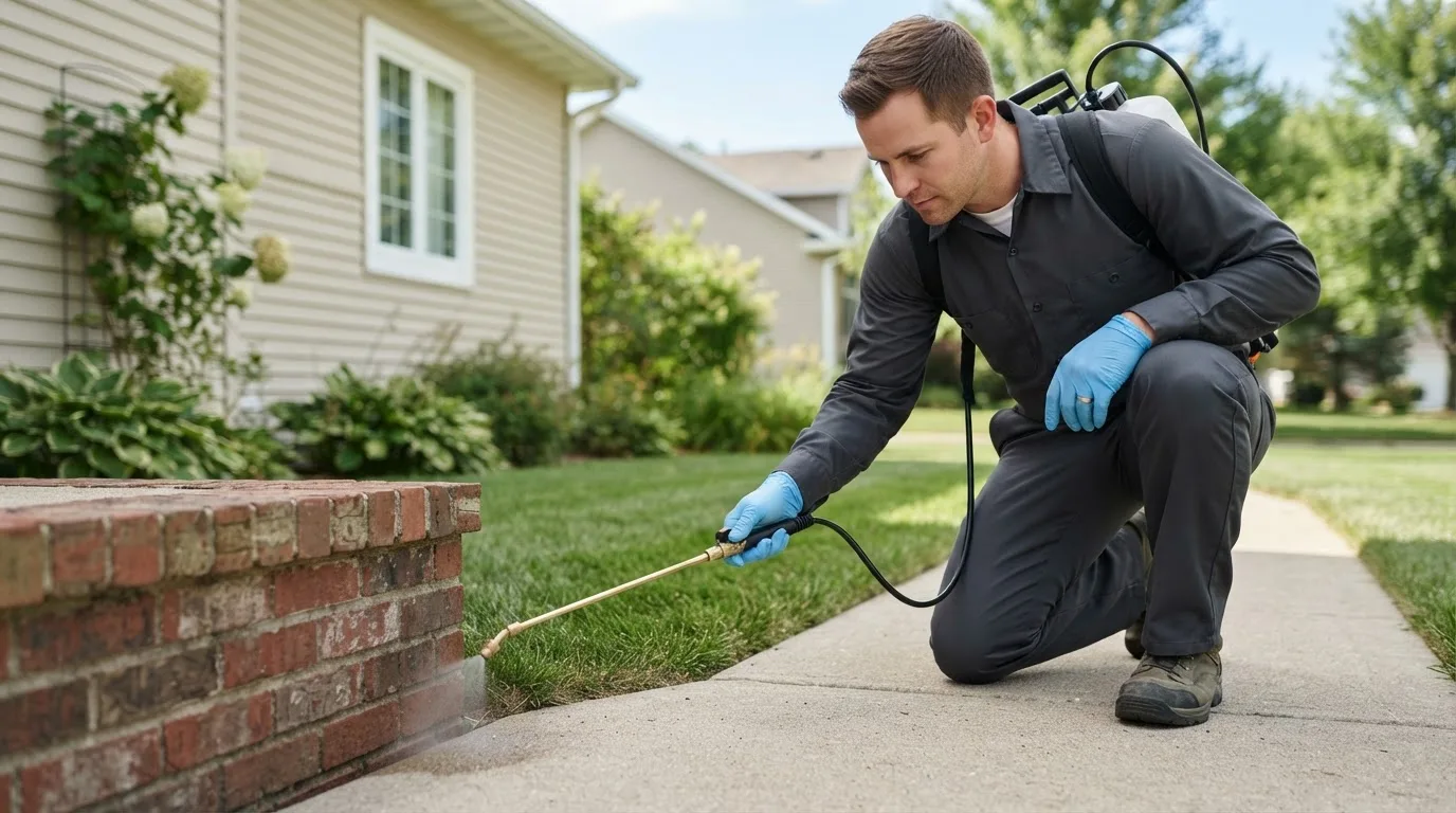 Pest control technician treating a home near Honeoye, NY